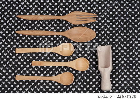 Color tablecloth, spoon, fork on  table background 22678879