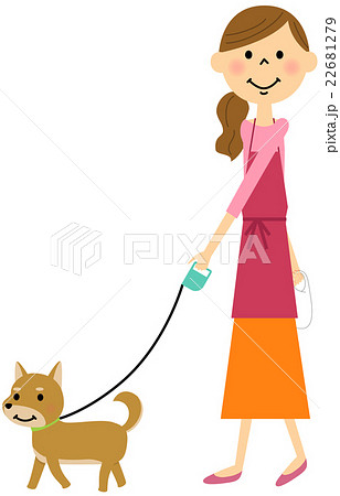 犬の散歩をするエプロンの女性 のイラスト素材