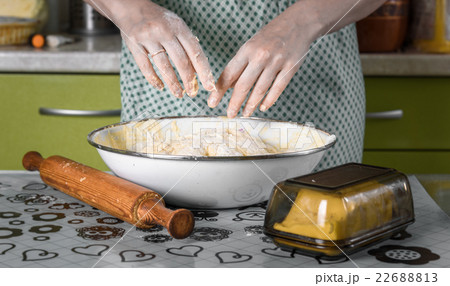 female hands flour kneading dough in white bowl 22688813
