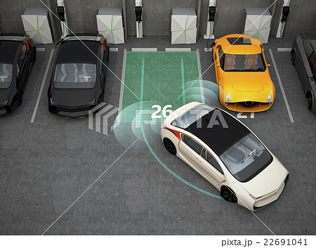 充電スタンドを備えた駐車場に自動駐車システムでバックする白いクルマのイラスト素材