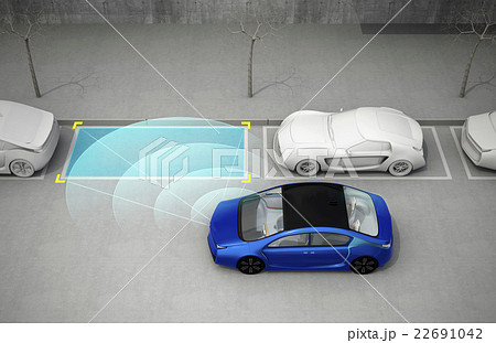 車載駐車支援システムで駐車する青い車のイラスト素材