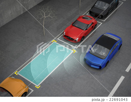車載駐車支援システムで駐車する青い車のイラスト素材