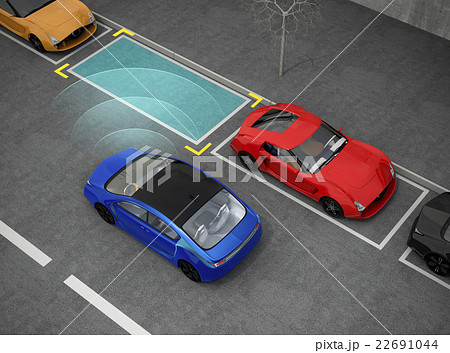車載駐車支援システムで駐車する青い車 22691044