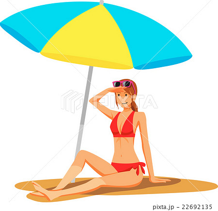 ビーチに座る水着の女性のイラスト素材