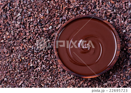 Bowl of melted chocolate on a crushed cocoa beans Bowl of melted chocolate on a crushed cocoa beans 22695723