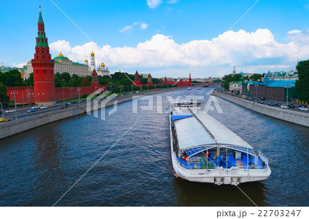 Moscow Kremlin and big barge on river Moscow Kremlin and big barge on river 22703247