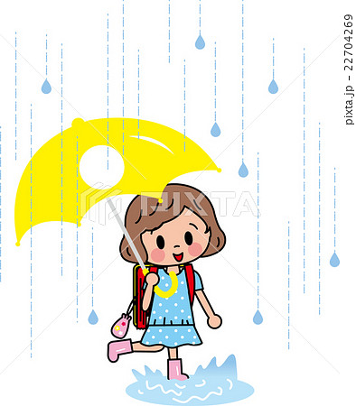 小学生 女の子 楽しい梅雨 みずたまりに入るのイラスト素材