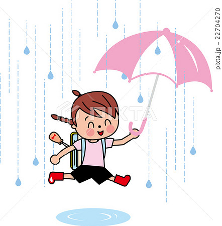 小学生 女の子 楽しい梅雨 みずたまりを飛び越えるのイラスト素材