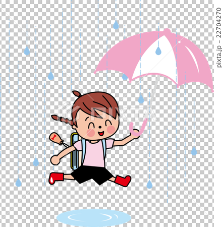 小学生　女の子　楽しい梅雨　みずたまりを飛び越える 22704270