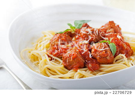 Meatballs in tomato sauce and basil with spaghetti 22706729