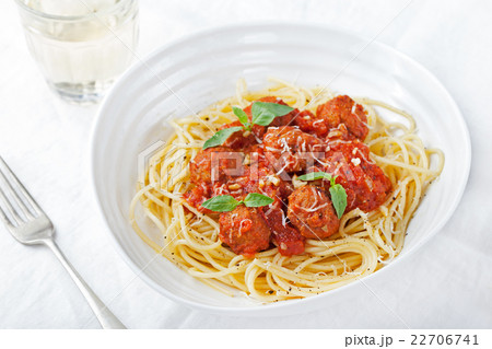 Meatballs in tomato sauce and basil with spaghetti 22706741
