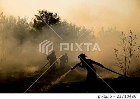 Smoke field and fireman after wildfire sihouette. 22710436