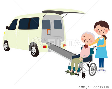 介護タクシーと車椅子に乗った老人女性と若い女性の介護士のイラスト素材 22715110 Pixta