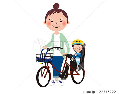 子供乗せ電動自転車に乗る若い主婦と子供のイラスト素材