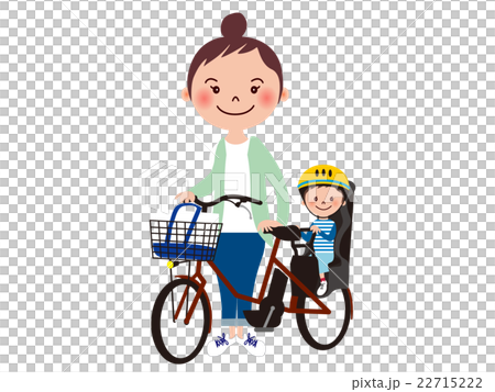 子供乗せ電動自転車に乗る若い主婦と子供のイラスト素材