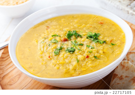 Lentil soup with pita bread in ceramic white bowl 22717105