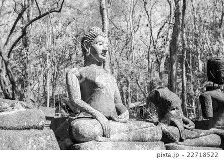black and white of Sculpture of Stone Buddha 22718522