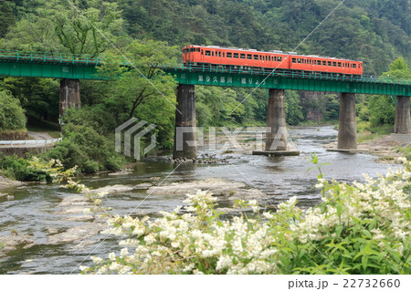 懐かしの水郡レトロ号と山間部の風景 22732660