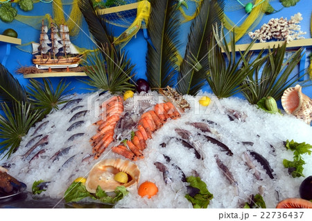 Display stands of fishes and seafoods. 22736437