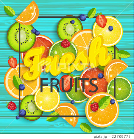 Blue wooden background with tropical fruits. 22739775