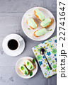 Breakfast with mint eclairs and coffee. Top view 22741647