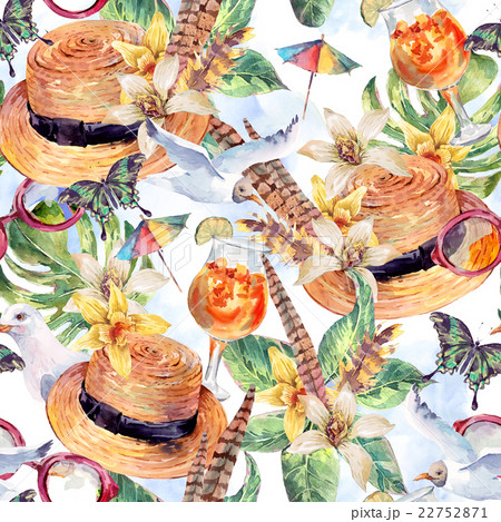 Summer watercolor seamless pattern straw hat, sea Summer watercolor seamless pattern straw hat, sea 22752871