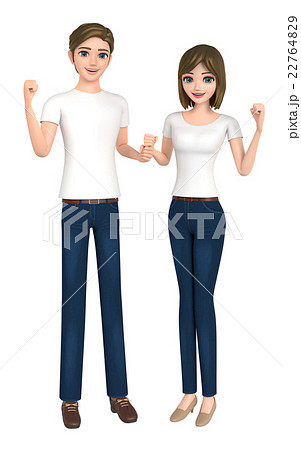 Tシャツとジーパン姿の男性と女性がガッツポーズをしている のイラスト素材
