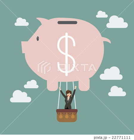 Business woman celebrating in piggy bank balloon 22771111