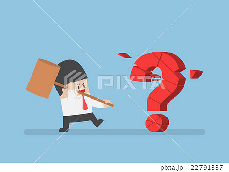 Businessman use hammer breaking red question mark 22791337