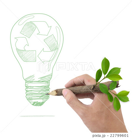 Male hand drawing recycle symbol in a light bulb. Male hand drawing recycle symbol in a light bulb. 22799601