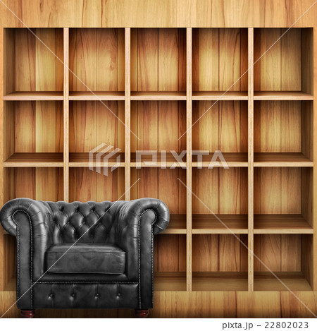 Leather armchair with Wooden book Shelf background 22802023