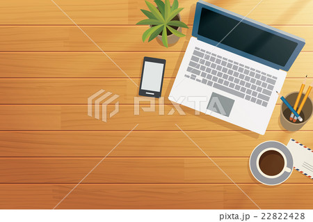 top view office wooden desk in morning top view office wooden desk in morning 22822428