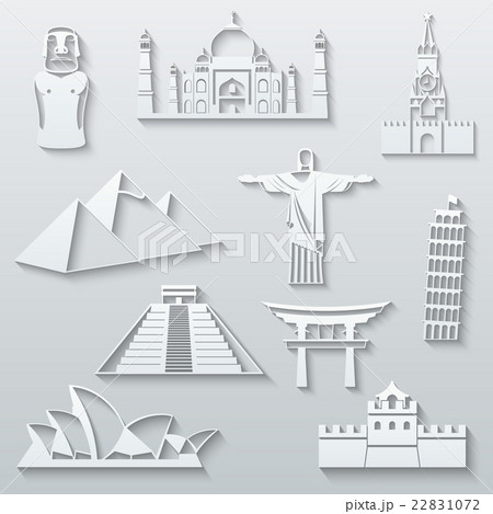 World Landmarks Abstract Flat Paper Icons Setのイラスト素材