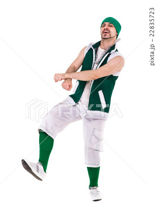 friendly man dressed like a funny gnome dancing 22835723