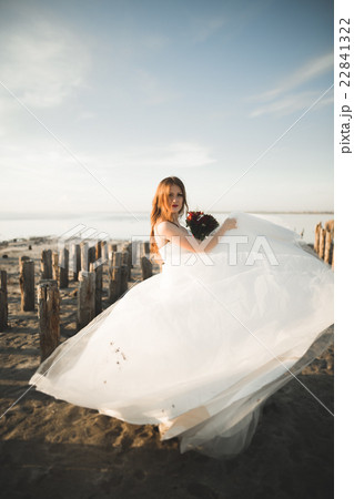 Beautiful young bride with bridal bouquet posing Beautiful young bride with bridal bouquet posing 22841322