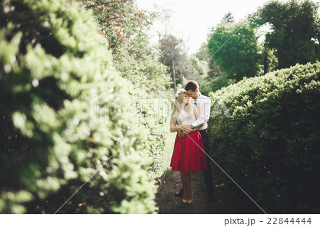 Stylish beautiful happy wedding couple kissing and Stylish beautiful happy wedding couple kissing and 22844444