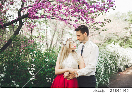 Stylish beautiful happy wedding couple kissing and 22844446