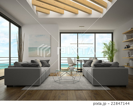 Interior of modern design room with sea view 3D 22847144