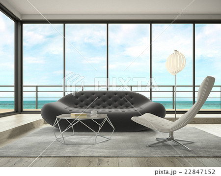 Interior of modern design room with sea view 3D 22847152
