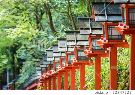京都貴船神社 参道の灯籠群の写真素材