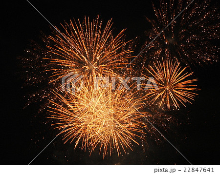 神宮外苑花火大会の丸く広がりキラキラ白く光るオレンジの花火の写真素材 神宮外苑花火大会の丸く広がりキラキラ白く光るオレンジの花火の写真素材