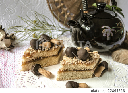 Slices of biscuit cake  with chocolate mushrooms 22865228