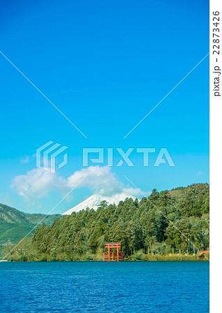Red torii gate under lake Ashinoko with Mount Fuji Red torii gate under lake Ashinoko with Mount Fuji 22873426