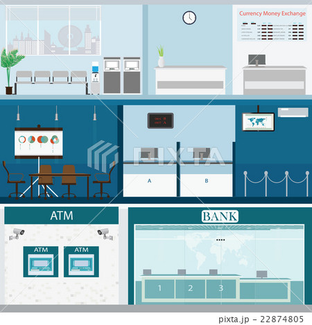 Bank building exterior and interior counter desk. Bank building exterior and interior counter desk. 22874805
