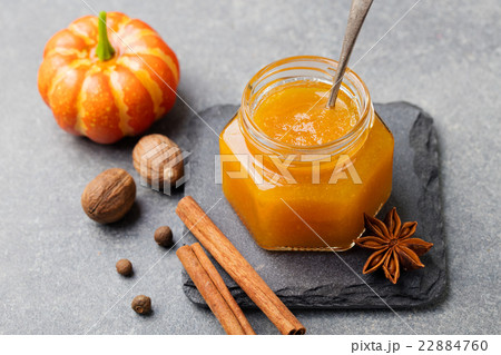 Pumpkin confiture, jam, sauce with spices on table 22884760