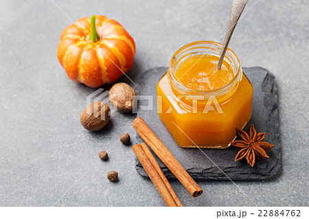 Pumpkin confiture, jam, sauce with spices on table 22884762