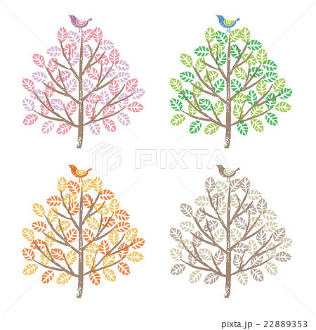 春 夏 秋 冬 季節で違う色合いの木と鳥のイラスト素材 2253