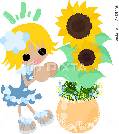 可愛い女の子とひまわりの植木鉢のイラスト素材