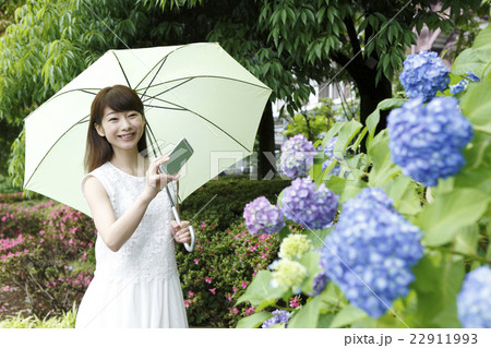 傘をさしスマホで紫陽花の写真を撮るワンピースの女性 梅雨 の写真素材