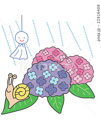 雨ふるあじさいとてるてる坊主とかたつむりのイラスト素材